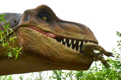 赤ちゃん恐竜を食べる恐竜のローアングル写真