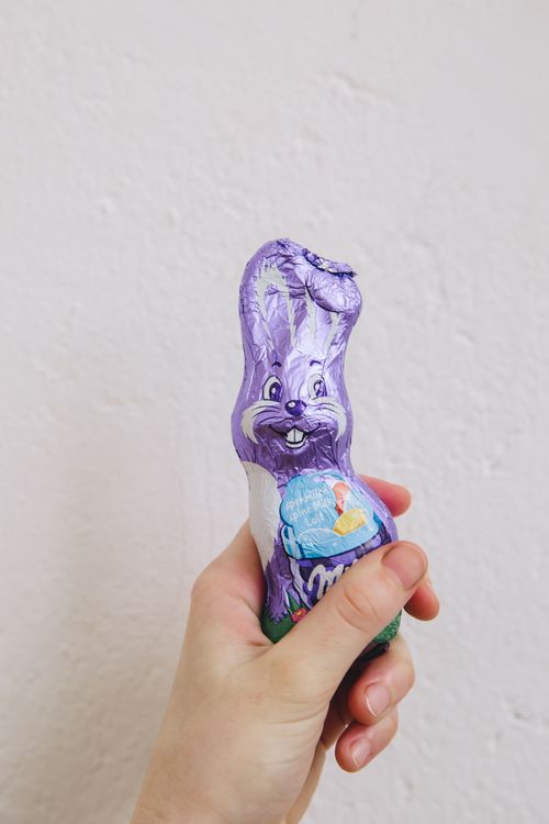 Free A hand holding a purple chocolate Easter bunny against a white background. Stock Photo