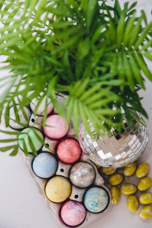 Easter Eggs and Disco Ball next to a House Plant