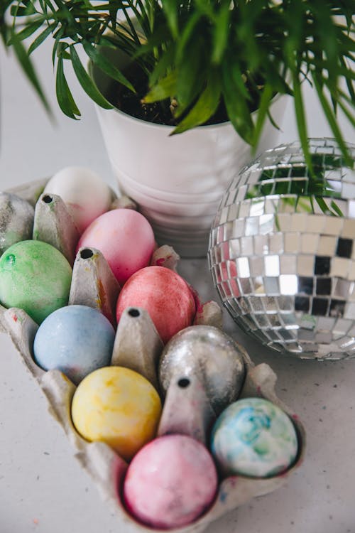 Easter Eggs and Disco Ball next to a House Plant