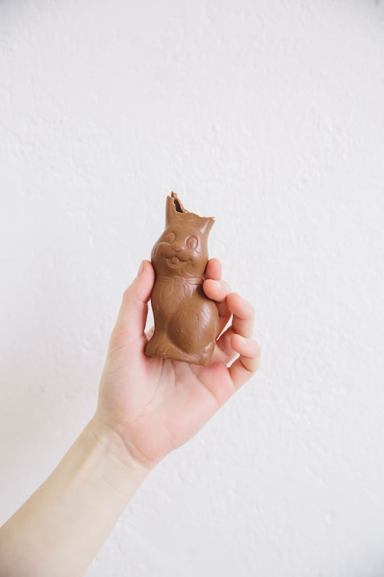 Person Holding A Half Eaten Chocolate Bunny