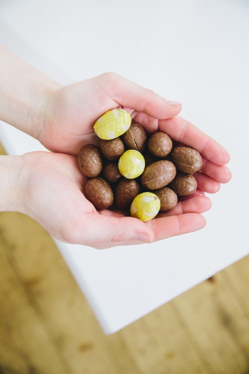 Free Close-up of hands holding a bunch of chocolate eggs, perfect for Easter celebrations. Stock Photo