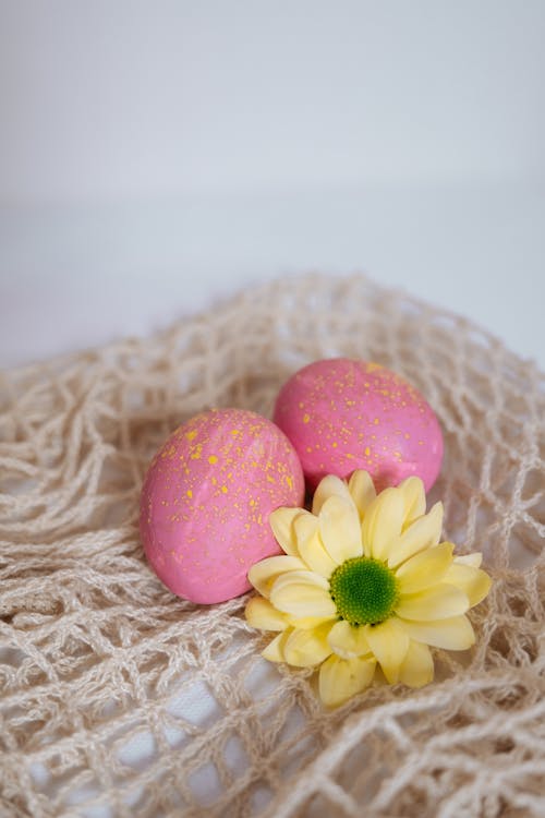 Pink Easter Eggs and Yellow Flower