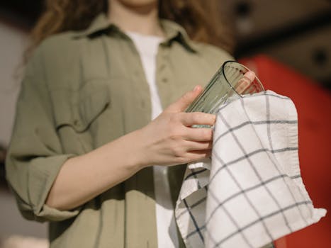 Close-up of a woman drying a glass with a checkered towel, showcasing domestic chores and cleanliness.