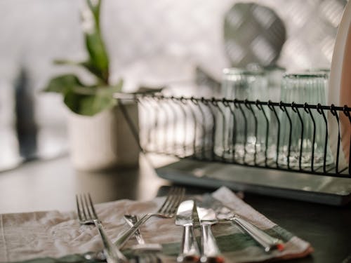 Free Cutlery on Top of a Table Napkin Stock Photo