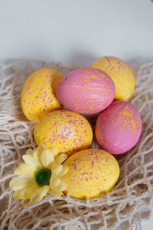 Pink and Yellow Easter Eggs and a Flower
