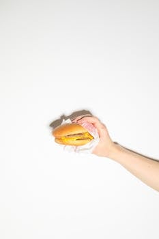 A close-up of a cheeseburger held by a hand on a white background, showcasing fast food simplicity.
