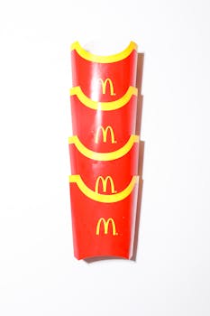 Vertical shot of stacked McDonald's french fry containers on white background.