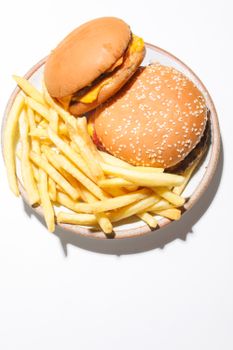 Two mouthwatering burgers and fries served on a plate, a perfect fast food meal.