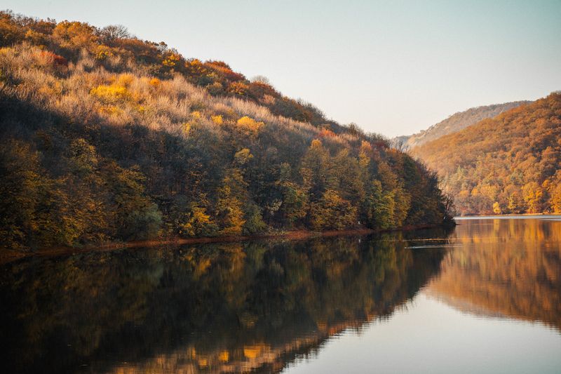Autumn lake reflecting forested hills — photo by David Bartus on Pexels