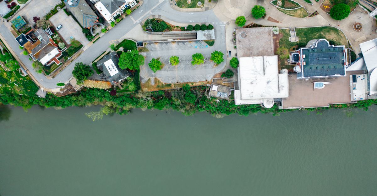 Drone view of modern residential houses and lush green trees located on shore of calm river