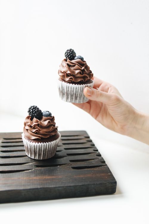 Free Indulgent chocolate cupcakes topped with fresh blackberries, showcasing a tempting dessert treat. Stock Photo