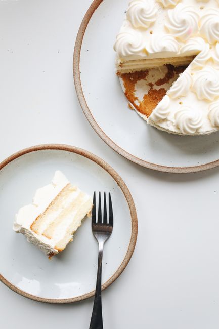 Top view of a delectable vanilla cake with icing, perfect for dessert lovers.