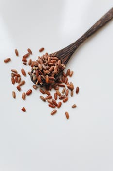 A close-up of uncooked organic red rice on a wooden spoon, emphasizing nutrition and traditional food.