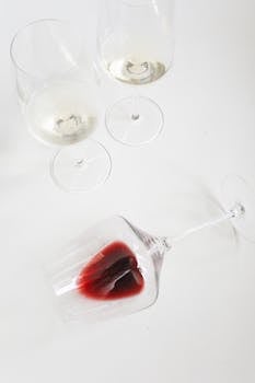 A top-down view of white and red wine glasses on a white surface, showcasing luxury dining.