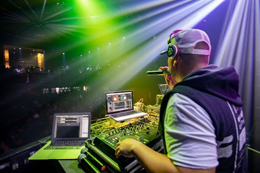 Energetic DJ performing live with dynamic lighting effects and an engaging crowd in a vibrant nightclub.