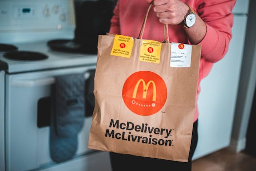 A person holding a McDelivery bag in a modern kitchen interior.