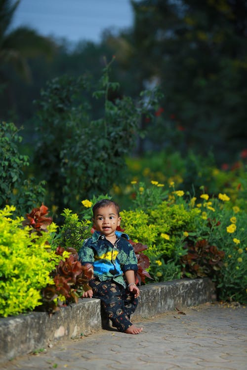 Free Photo Of Boy Sitting Near Flowers Stock Photo