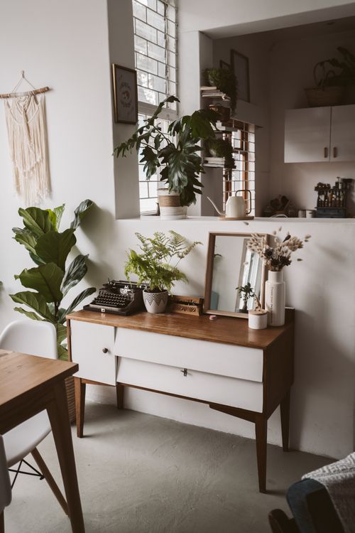 Free A peaceful minimalist home interior featuring lush plants, vintage decor, and natural light. Stock Photo