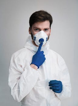 Portrait of a healthcare worker wearing protective gear, including a mask, gloves, and suit, pointing upward indoors.