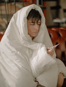 一个年轻人裹着毯子在室内检查体温