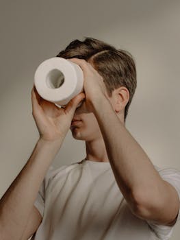 A humorous portrait of a man playfully using a toilet paper roll as a telescope indoors.