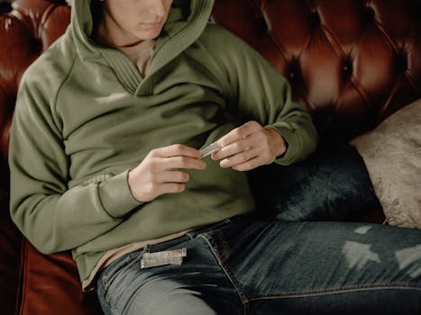 Casual young man in green hoodie sitting on leather sofa at home, enjoying leisure time.