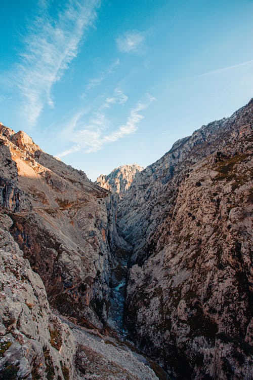 From above scene view of blue sky above steep rocks and swirling mountain river in valley