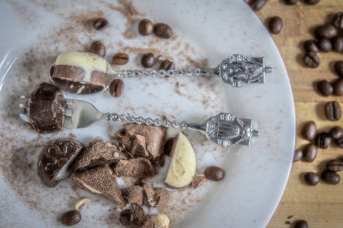 Chocolate Candy on White Ceramic Plate with Spoon and Fork