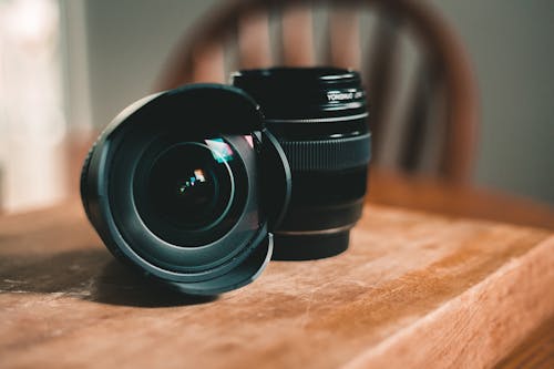 Glowing lens of modern photo camera