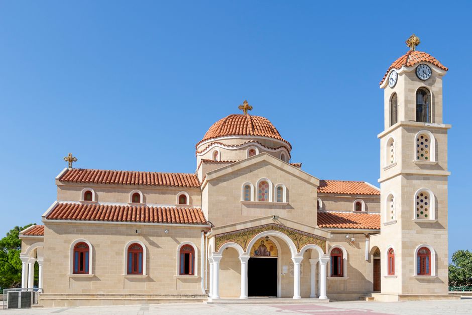 Beautiful view of Agios Raphael Church with its stunning facade under a clear blue sky in Cyprus.