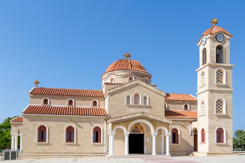 Free Beautiful view of Agios Raphael Church with its stunning facade under a clear blue sky in Cyprus. Stock Photo