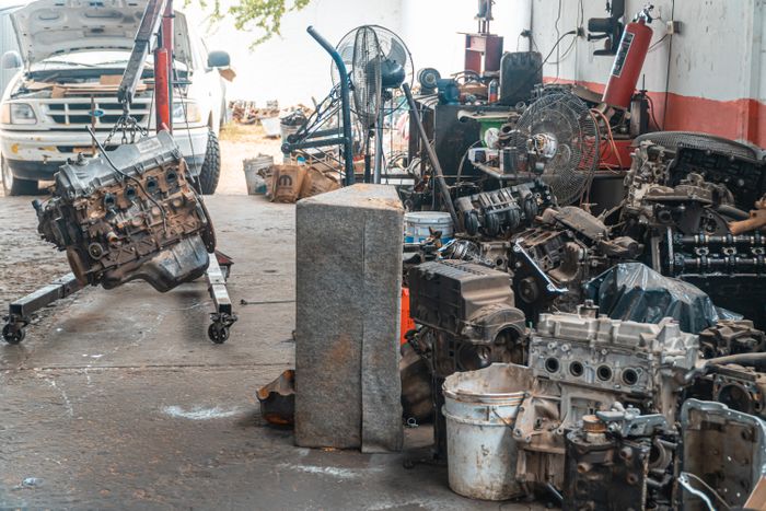 Workshop with engine and machine parts