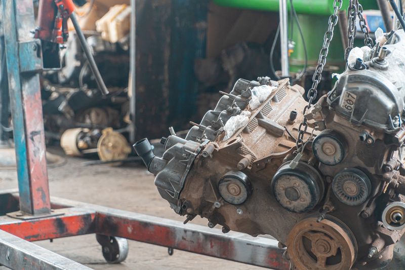 Motor desmontado colgando de la grúa del taller durante un trabajo de distribución