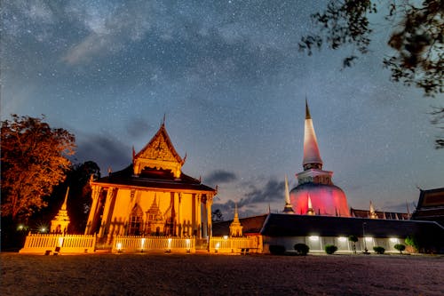 Free Illuminated Temples Under Starry Night Stock Photo