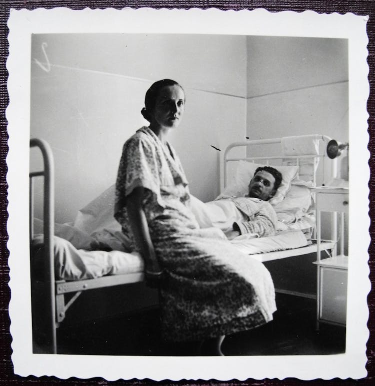 Vintage Photo Of Hospital Patient With Visitor