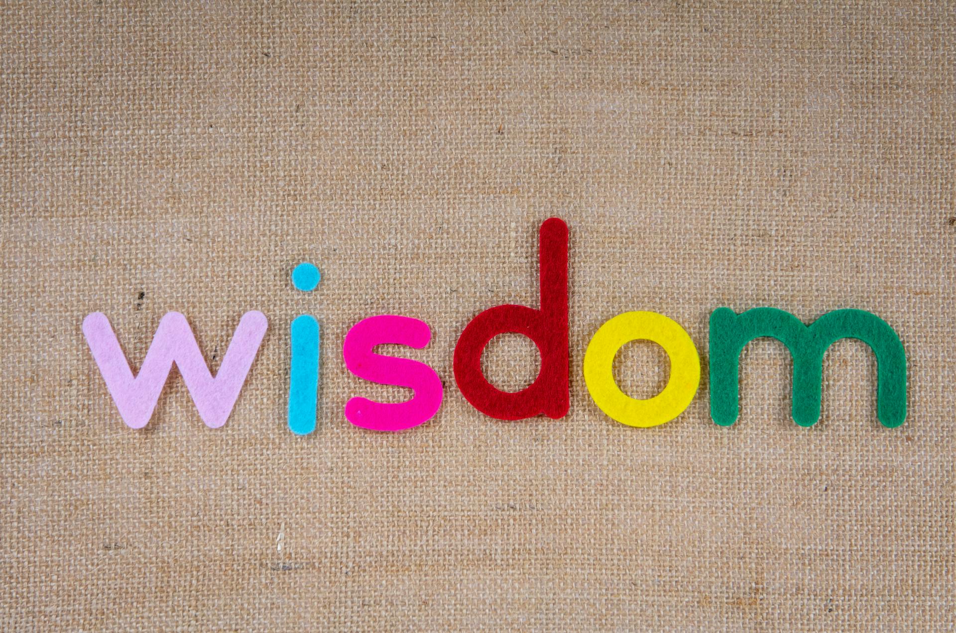 Colorful felt letters spelling 'wisdom' on burlap background, emphasizing creativity and inspiration.
