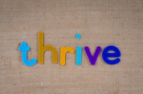 The Word Thrive on a Woven Surface