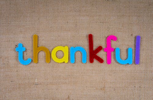 The Word Thankful on a Woven Surface