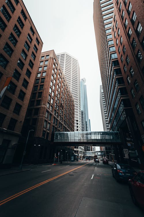 Cars on Road Between High Rise Buildings