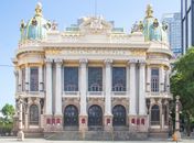 Art Nouveau styled exterior of Municipal Theater with columns and domes in Rio de Janeiro