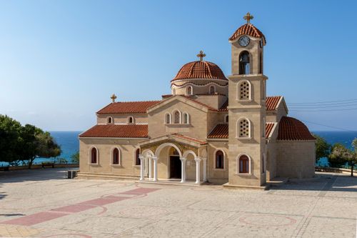 Free Explore the stunning church architecture in Pachyammos, Cyprus, overlooking the sea. Stock Photo