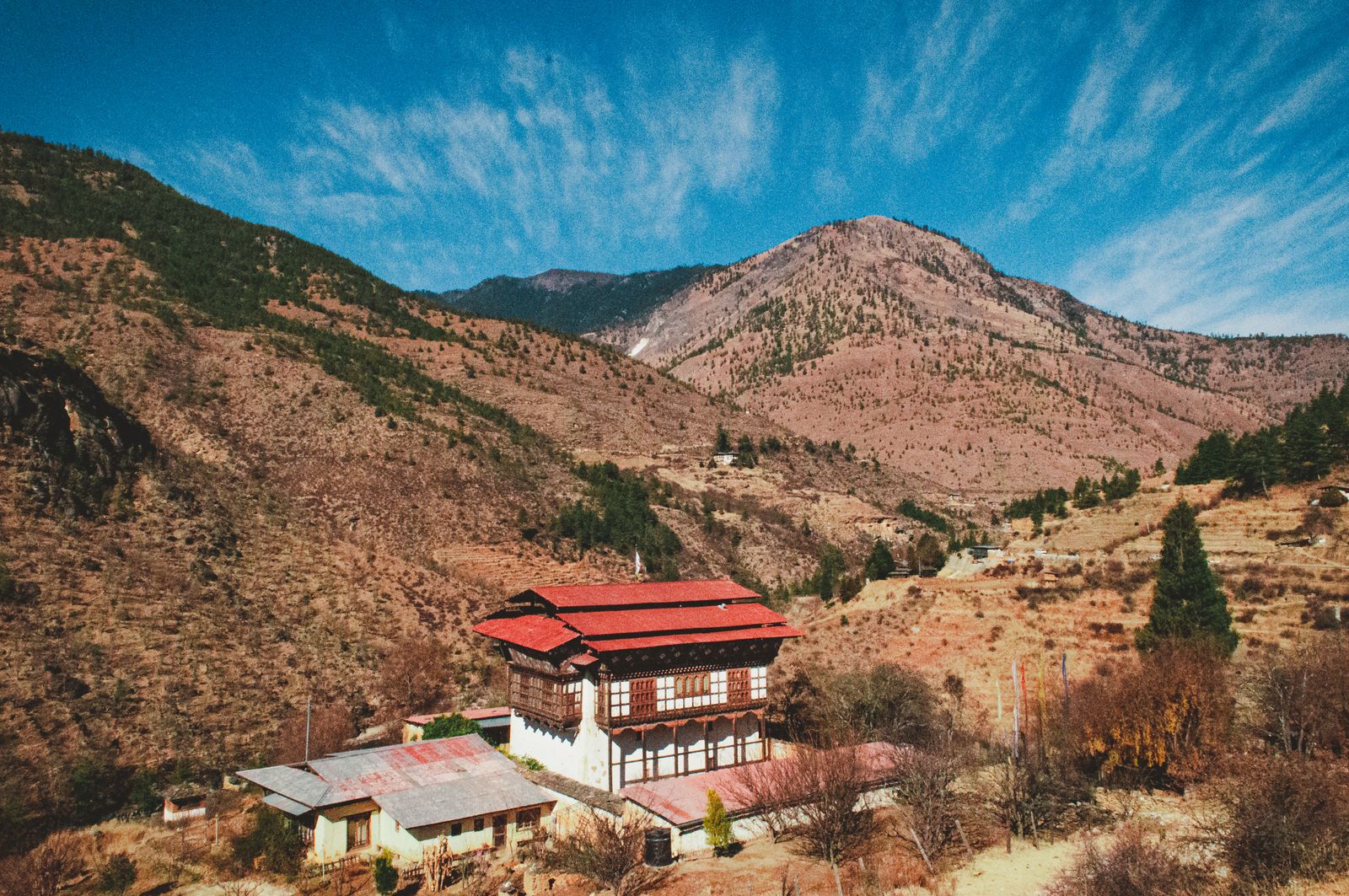 A Bhutanese farmhouse with a red roof and carved wooden windows on a dry winter hillside under a blue sky