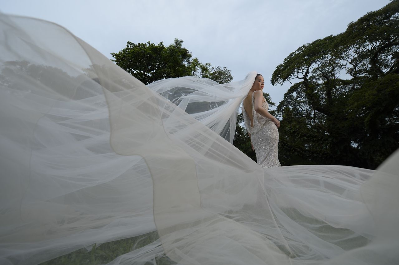 beautiful bride in a mermaid gown with a long veil posing gracefully o