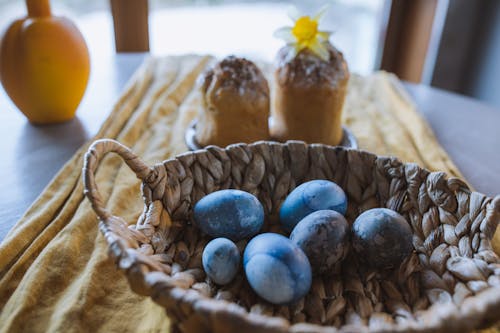 Free Cake and Basket with Blue Eggs Stock Photo