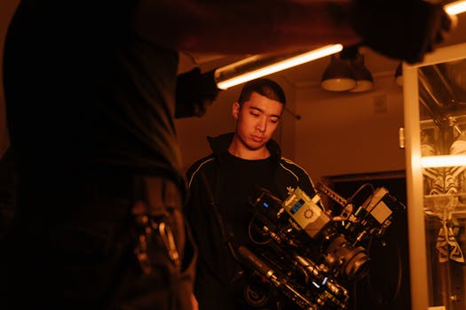 Film crew member adjusting camera setup under neon lighting, capturing creative filming process indoors.
