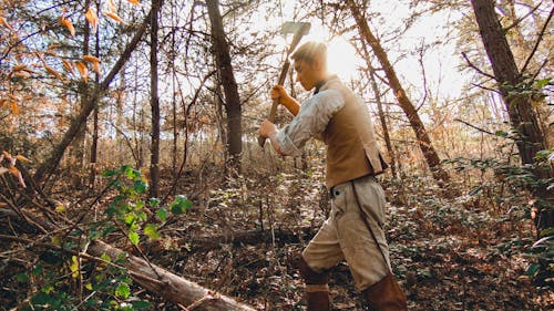 Man Holding An Axe Cutting Woods