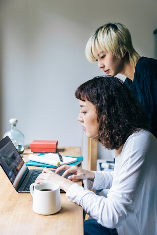 Side view of young women wearing casual clothes working on project using laptop while working on project together and drinking coffee