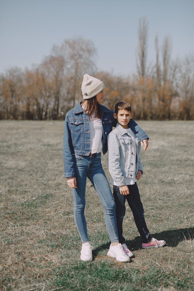 Stylish Children In Jean Wear In Countryside