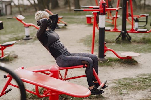 Full length side view of anonymous female in sportswear and protective black mask with hands behind head working out at street simulator